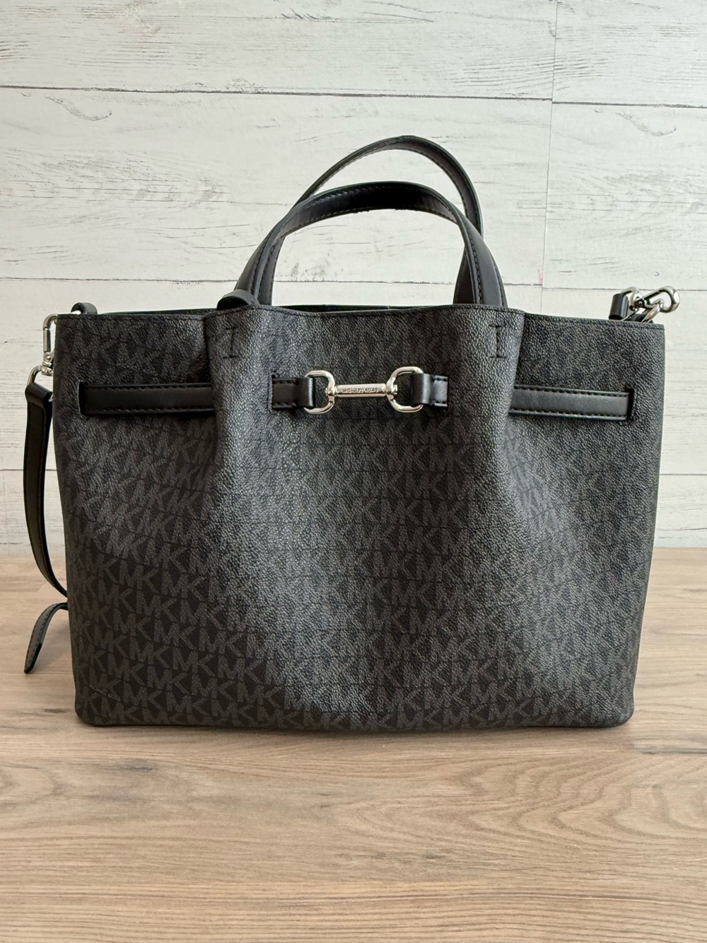 Michael Kors Black MK Signature Logo Carson Satchel Bag